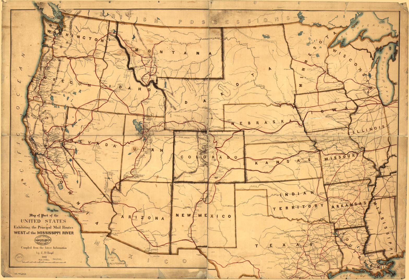 Map of United States postal service routes west of the Mississippi, dated 1867