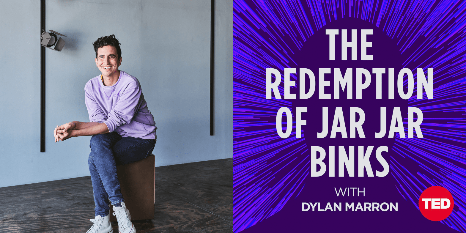 photo of dylan marron next to graphic for his podcast "the redemption of jar jar binks"